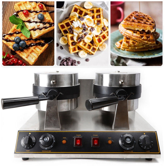 7" Dual Head Commercial Rotating Round Belgian Waffle Maker Non-Stick Breakfast