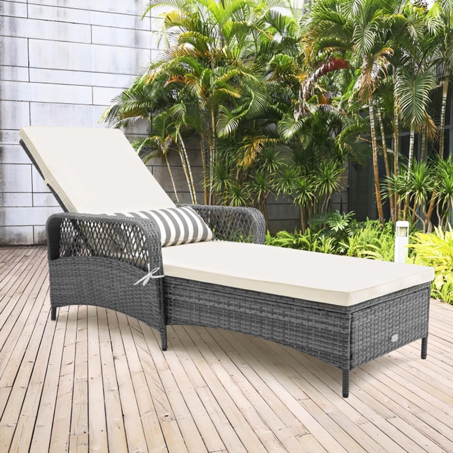 Mondawe Rattan Gray Iron Frame Spring motion Chaise Lounge Chair with Beige Cushioned Seat