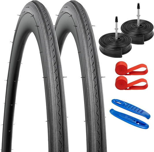 700C Road Bike Tires 700 x 25C/25-622 and 700C Heavy Duty Bike Tubes Presta Valve Compatible with