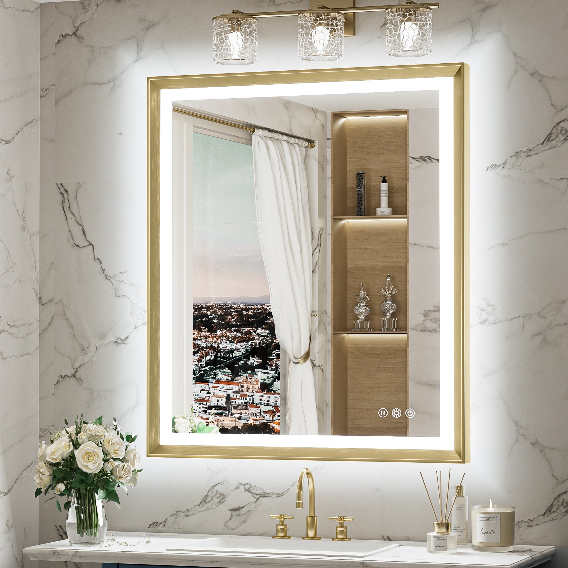Keonjinn 30-in x 36-in Framed Rectangle Dimmable LED Lighted Fog Free Bathroom Vanity Mirror ( Brushed Gold )