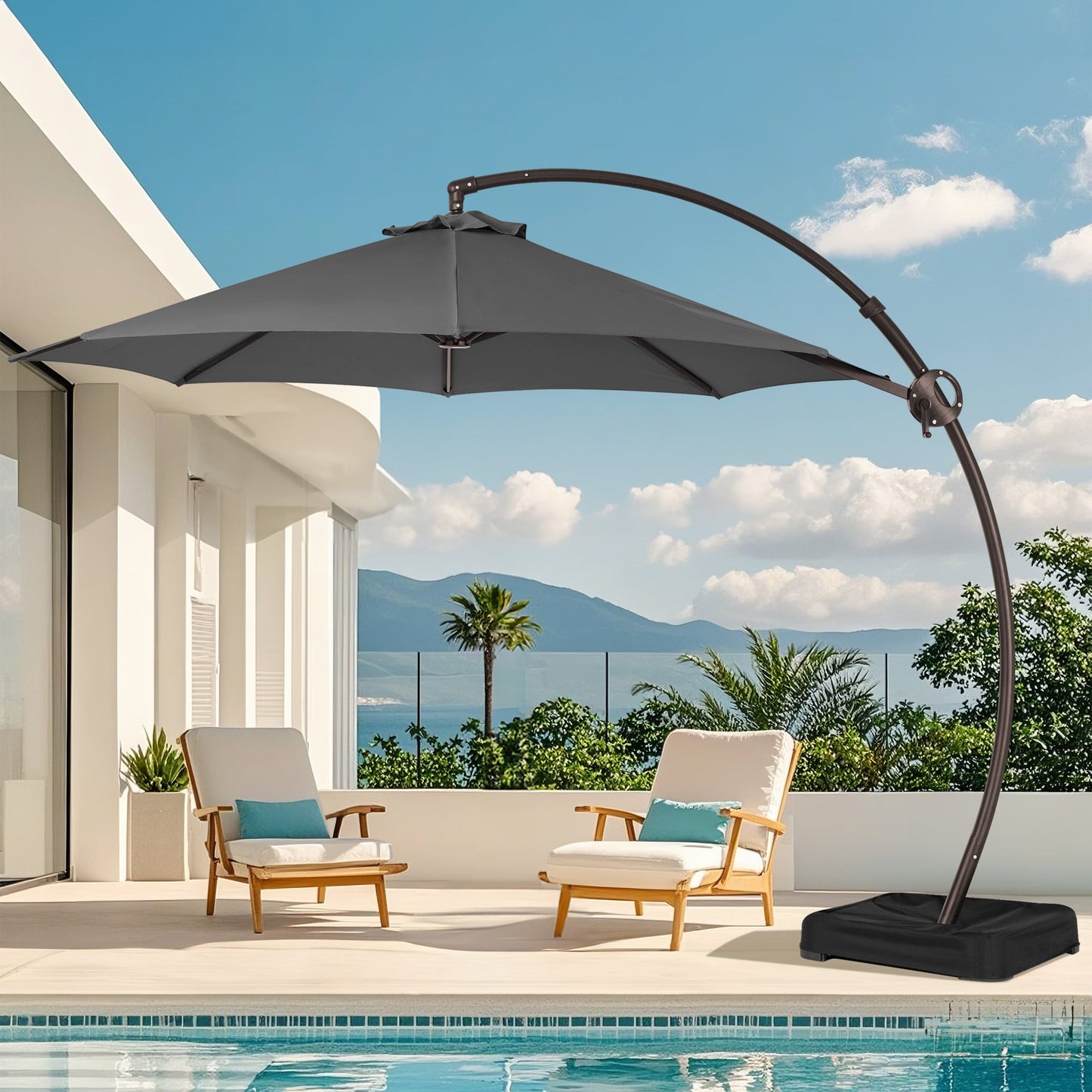 JEAREY 10-Feet Aluminum Gray Crank Cantilever Patio Umbrella with Base