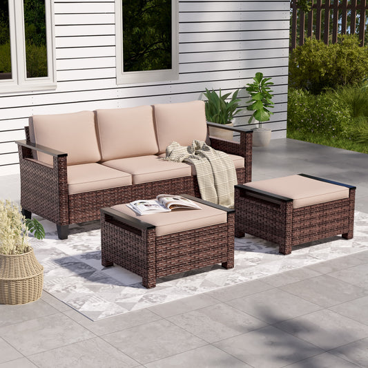 Sonkuki Patio Conversation Set 3 -Piece Wicker Patio Sofa Conversation Set with Beige Cushions