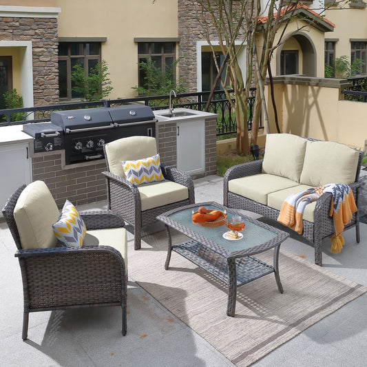 XIZZI Chrysoberyl 4 -Piece Rattan Patio Conversation Set with Beige Cushions