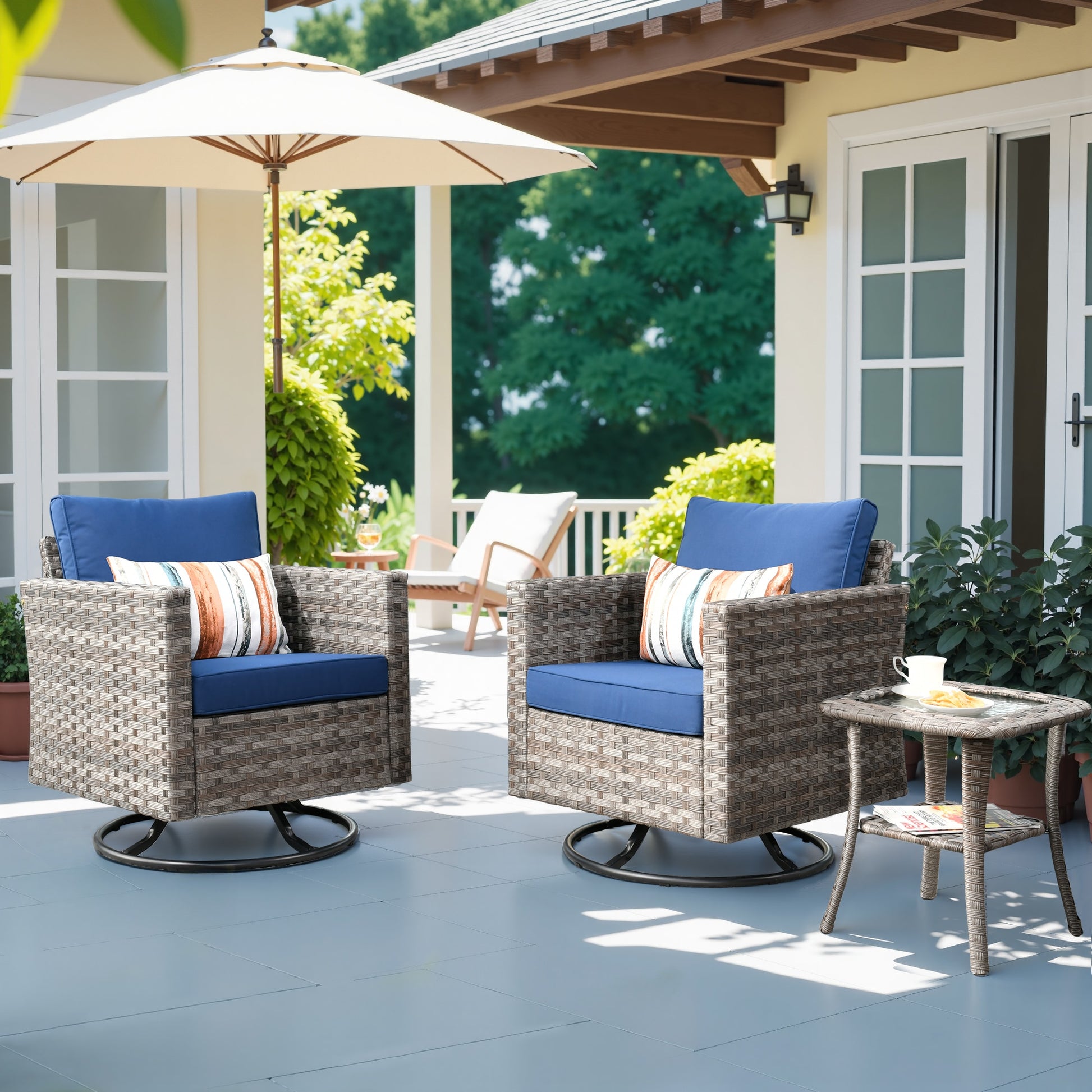 Pouuin 3 -Piece Rattan Patio Conversation Set with Blue Cushions