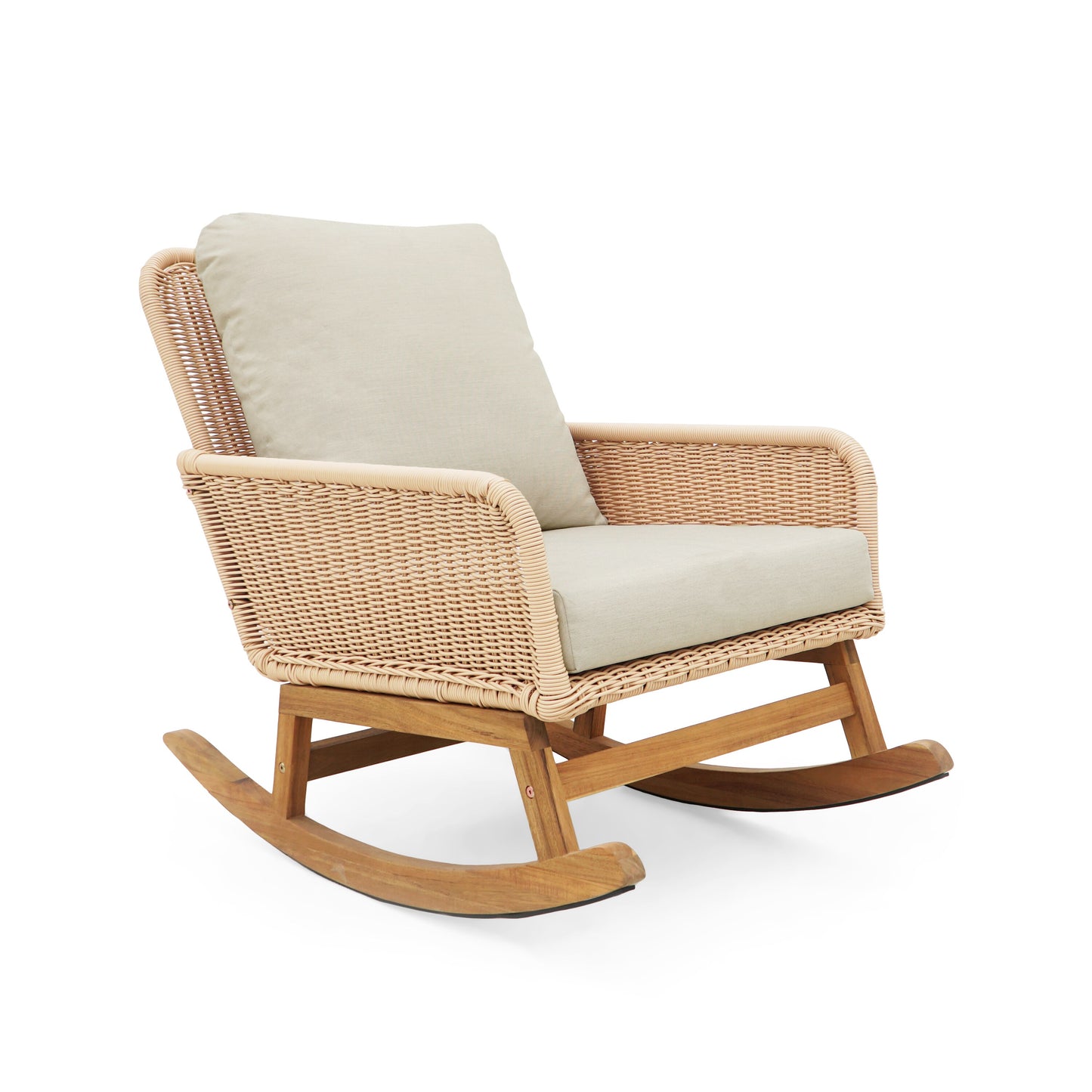 LIVIZA Minimalist Beige Wicker Rocking Chair Wicker Ivory Wood Frame Rocking Chair with Off-white Ivory Cushioned Seat