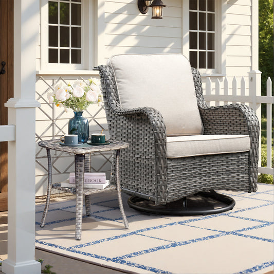 Pouuin Wicker Gray Metal Frame Swivel rocker Rocking Chair with Beige Cushioned Seat