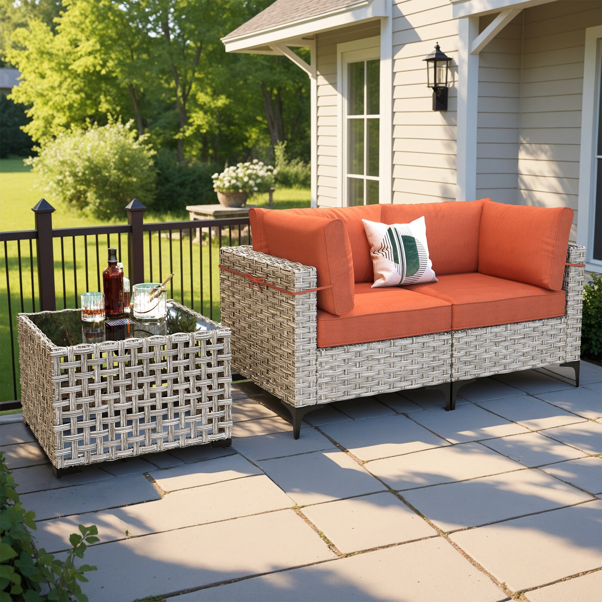 ALTRIGUS 3 -Piece Wicker Patio Sofa Conversation Set with Orange Cushions