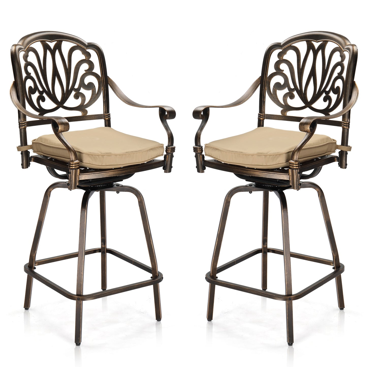 Winado Set of 2 Brown Metal Frame Swivel Bar Stool Chair with Beige Cushioned Seat