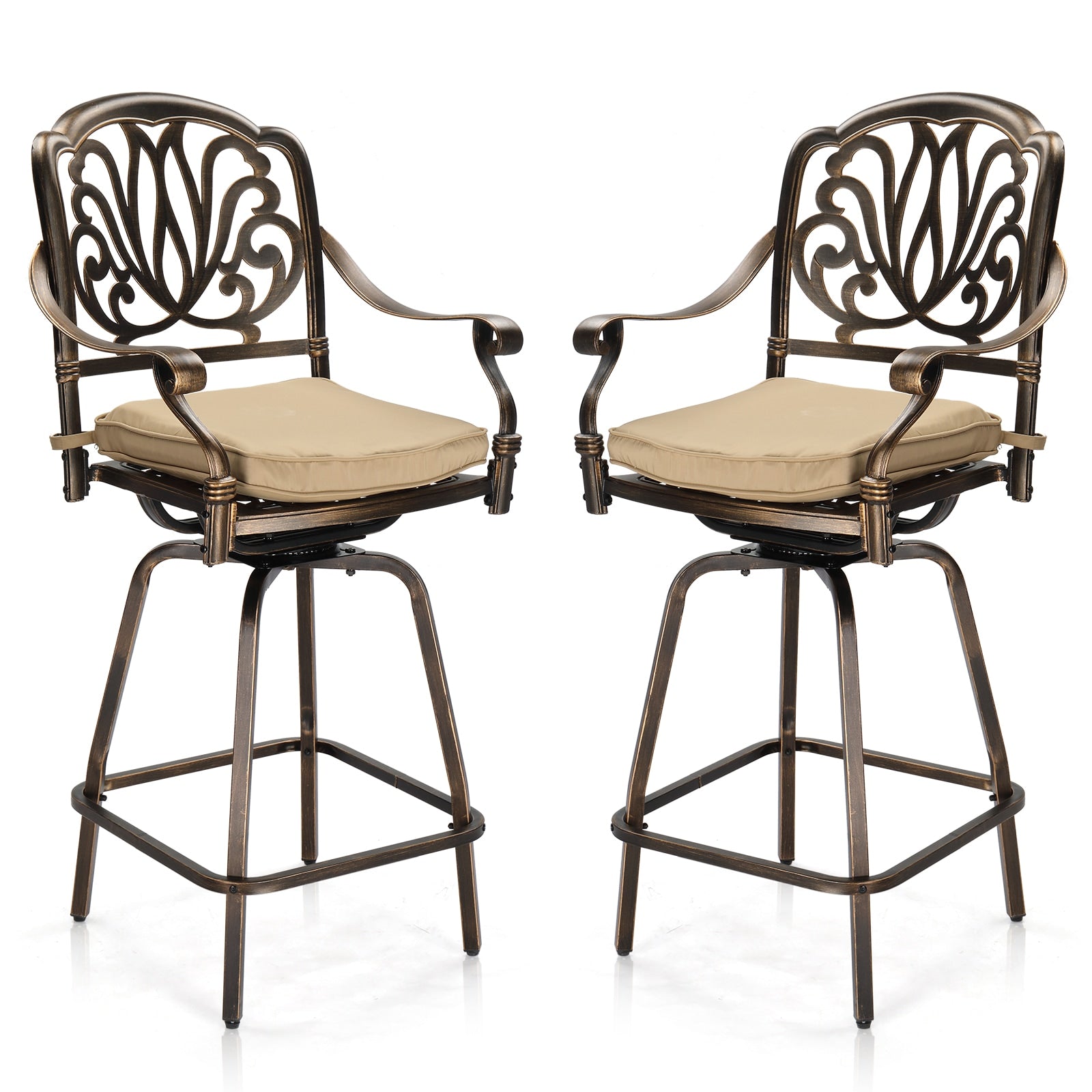Winado Set of 2 Brown Metal Frame Swivel Bar Stool Chair with Beige Cushioned Seat