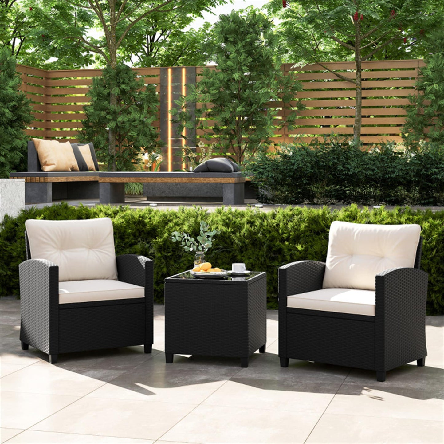 BABOOM 3 -Piece Rattan Patio Conversation Set with White Cushions