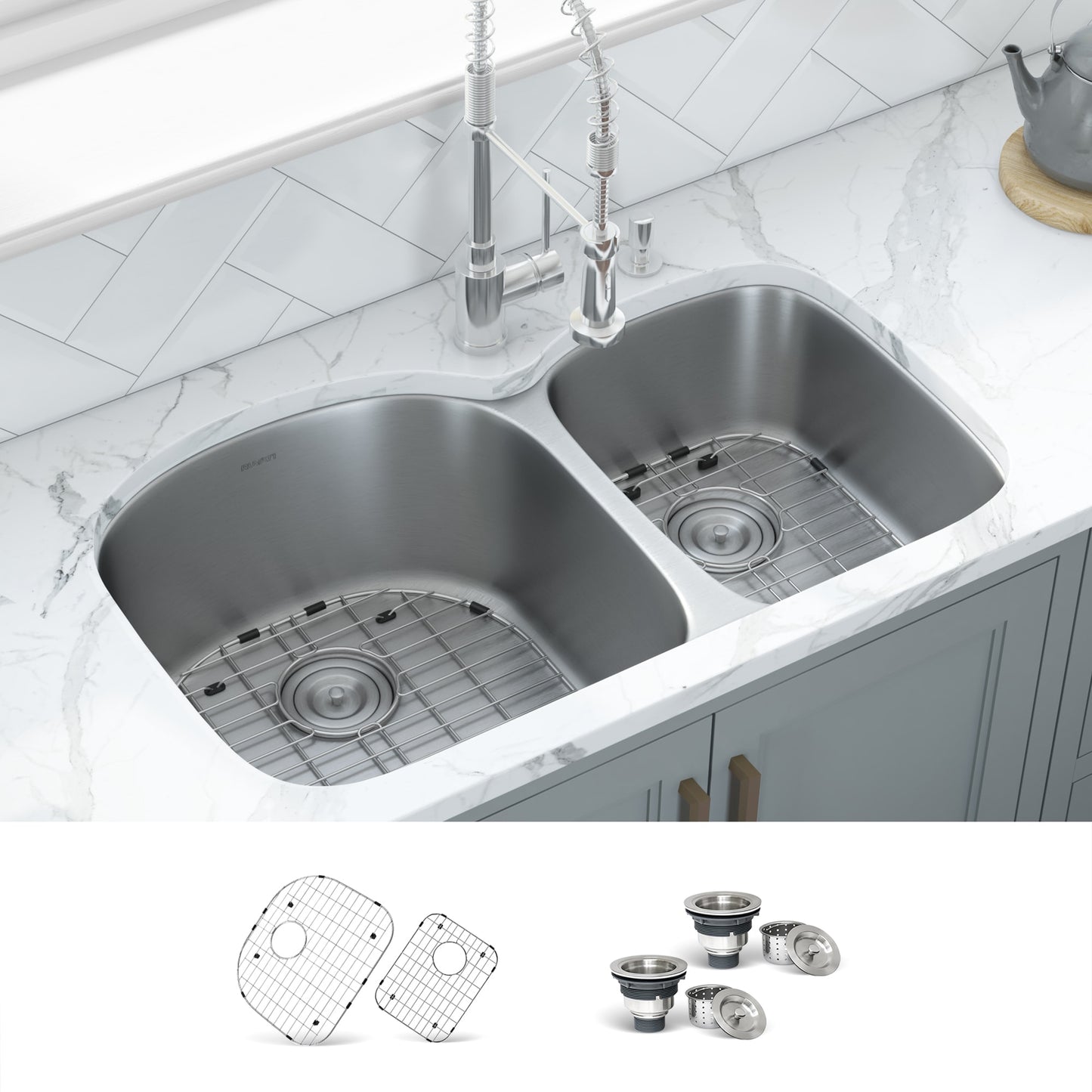 Ruvati Parmi Undermount 34-in x 20.5-in Stainless steel Double offset bowl 16 -Gauge Kitchen Sink