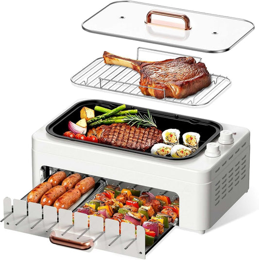 4-in-1 Electric Indoor Grill Smokeless for Home,Countertop Electric Grill with Removable Sizzle Grill Pan & Grate + Auto Rotating Kabob Skewers + Electric Hot Dog Roller Dual Zone Cooking with Lid