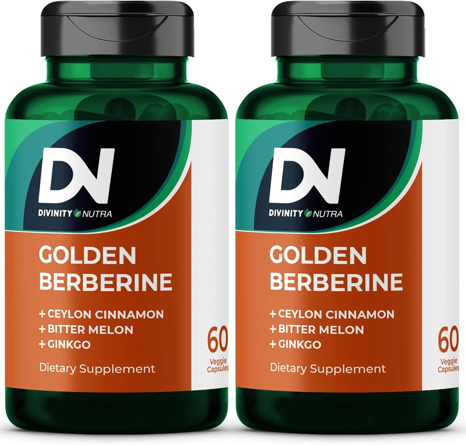 Divinity Nutra Golden Berberine Supplement with Bitter Melon, Ginkgo Biloba and Ceylon Cinnamon, Vegan, Made in USA Berberine Capsules for Women and Men 2 Bottles, 60 Capsules Each