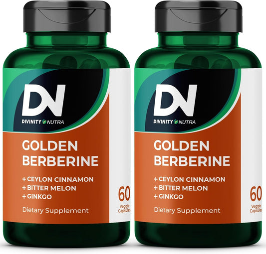 Divinity Nutra Golden Berberine Supplement with Bitter Melon, Ginkgo Biloba and Ceylon Cinnamon, Vegan, Made in USA Berberine Capsules for Women and Men 2 Bottles, 60 Capsules Each