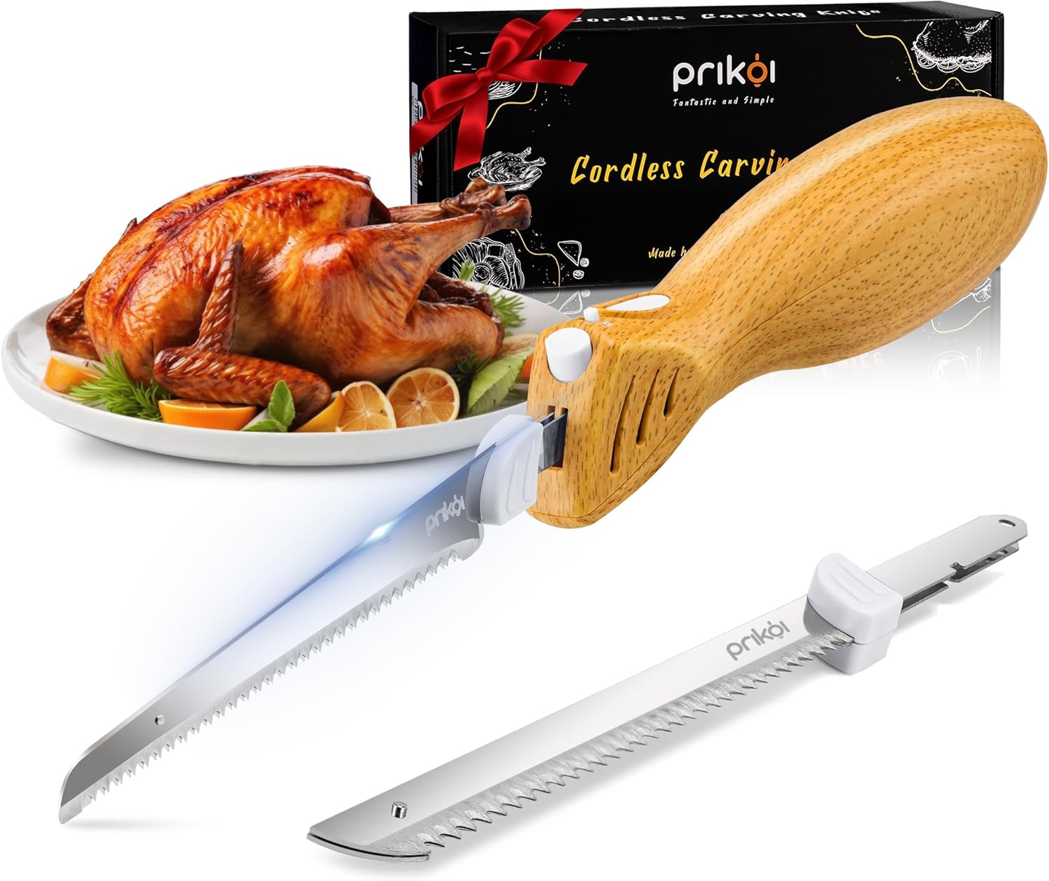 Prikoi Cordless Electric Knife, Easy-Slice Serrated Edge Blades Carving Sets for Turkey, Bread, Fillet, DIY, Ergonomic Handle + 2 Blades New Upgrade