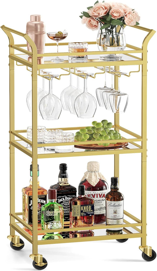 VASAGLE Bar Cart, Home Bar Serving Cart, Small Bar Serving Cart with 3-Tier Shelf, Wine Holders, Glass Holders, Mini Bar Cart for Small Spaces, Kitchen, Dining Room, Living Room, Pale Gold