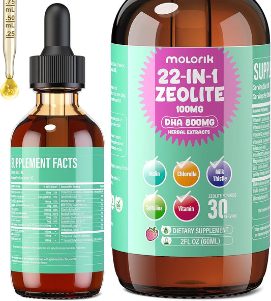Zeolite Detox for Kids & Adults, Herbal Detox with 800mg DHA, 500mg Inulin, Probiotics & Vitamin B12, D3, C, K, B6, Cilantro Extract Cleanse to Support Brain, Immune, Gut, Energy, Strawberry, 60ML