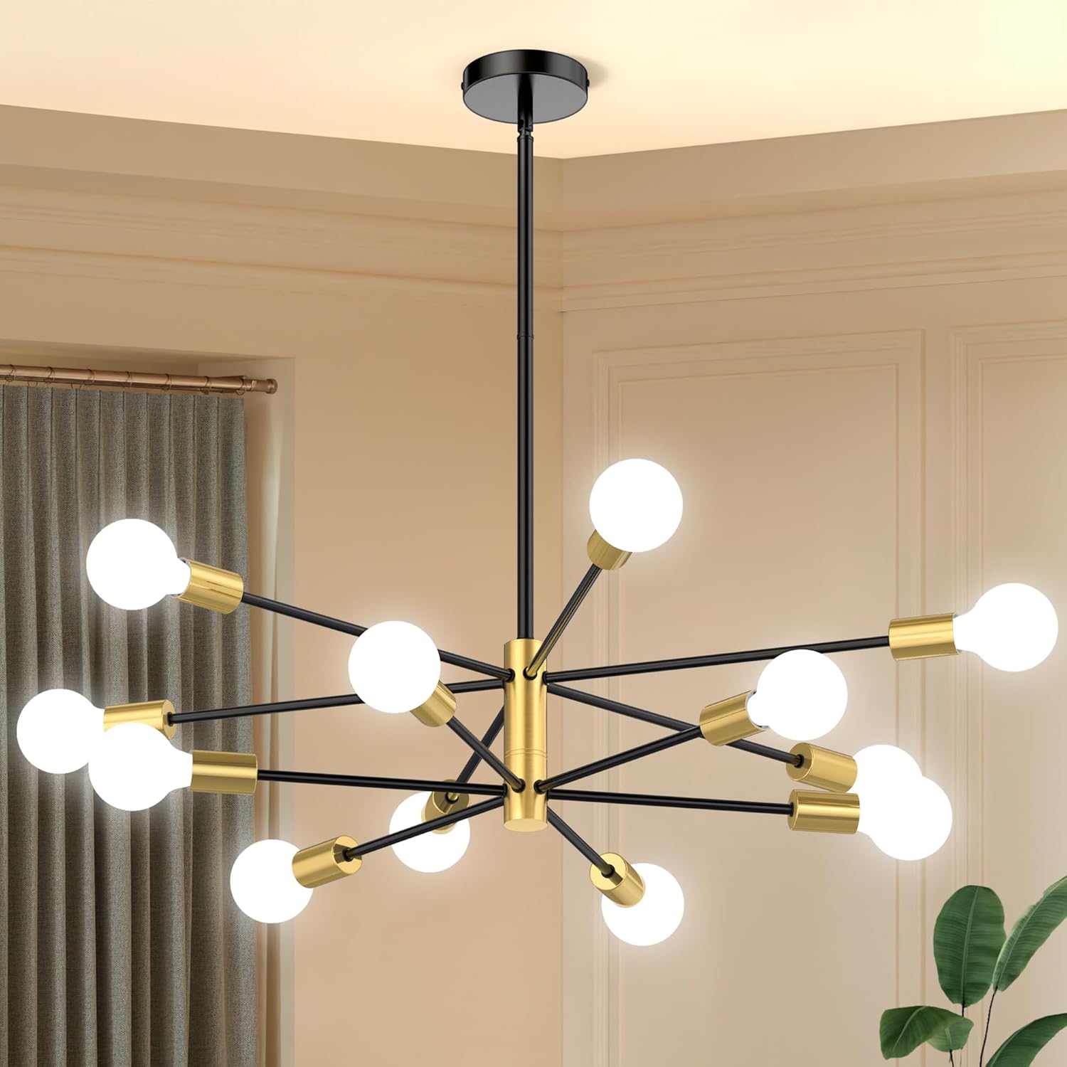 Phaosio Sputnik Chandelier 12-Light, Mid Century Modern Height Adjustable Ceiling Light Fixture for Dining Room, Kitchen Island, Living Room,Bedroom-Black and Gold