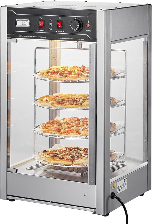 Happybuy 14" Pizza Warmer Display, 4-Tier Rotary Steam Heating, Temp Control 86℉~185℉, 25W Oven Light + LED, Commercial Food Warmer for Pizza Shop, Restaurant