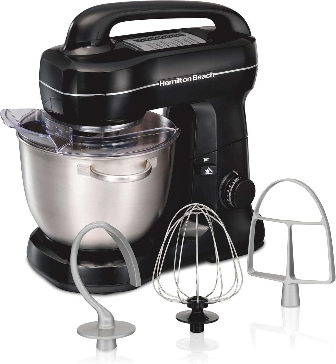 Hamilton Beach Electric Stand Mixer, 4 Quarts, Dough Hook, Flat Beater Attachments, Splash Guard 7 Speeds with Whisk, Easy-Carry Top Handle, Black