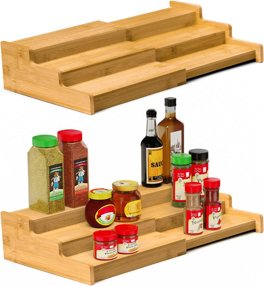 VenDotbi Spice Rack Organizer, 3 Tier Expandable Bamboo Spice Rack Organizer, Great for Kitchen Cabinet, Cupboard, Pantry and More-Bamboo(2pack)