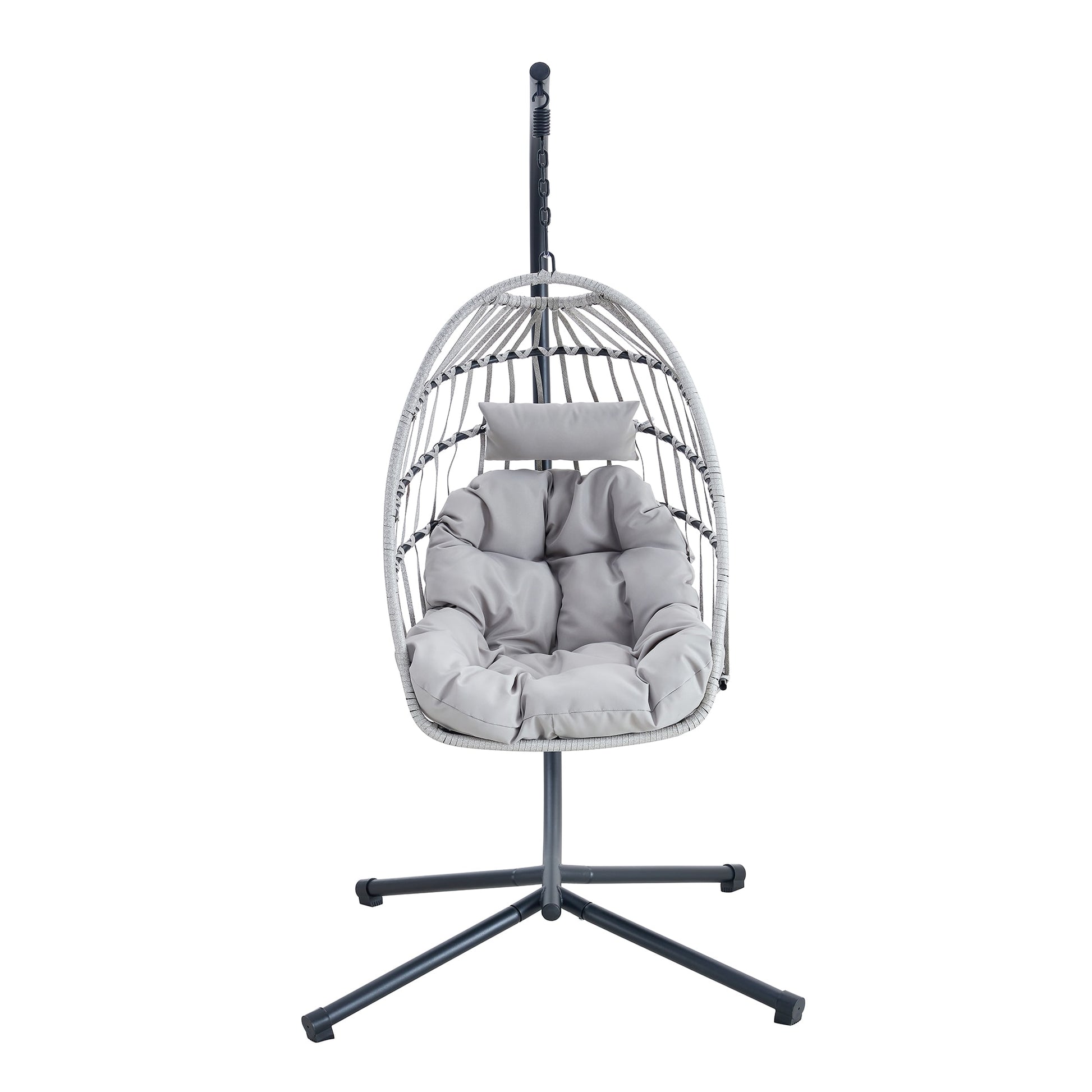 Damerin Patio Chairs Wicker Black Metal Frame Hanging Egg Chair with Gray Cushioned Seat