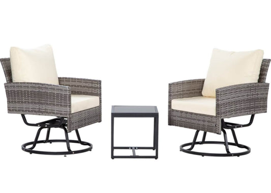 Damerin Patio Chairs Set of 2 Wicker Gray Iron Frame Swivel Conversation Chair with Beige Cushioned Seat