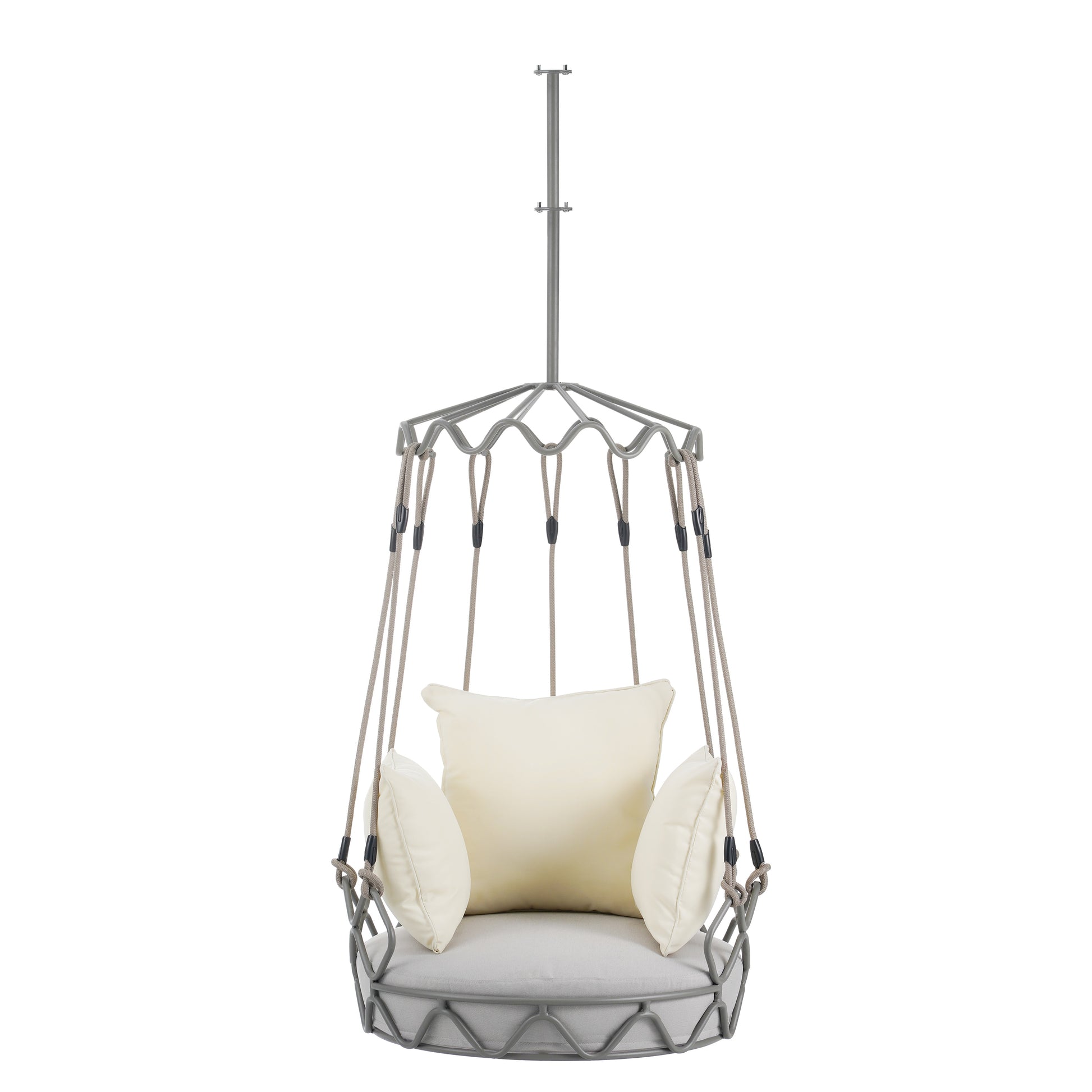 Damerin Patio Chairs Beige Iron Frame Hanging Conversation Chair with Beige Cushioned Seat