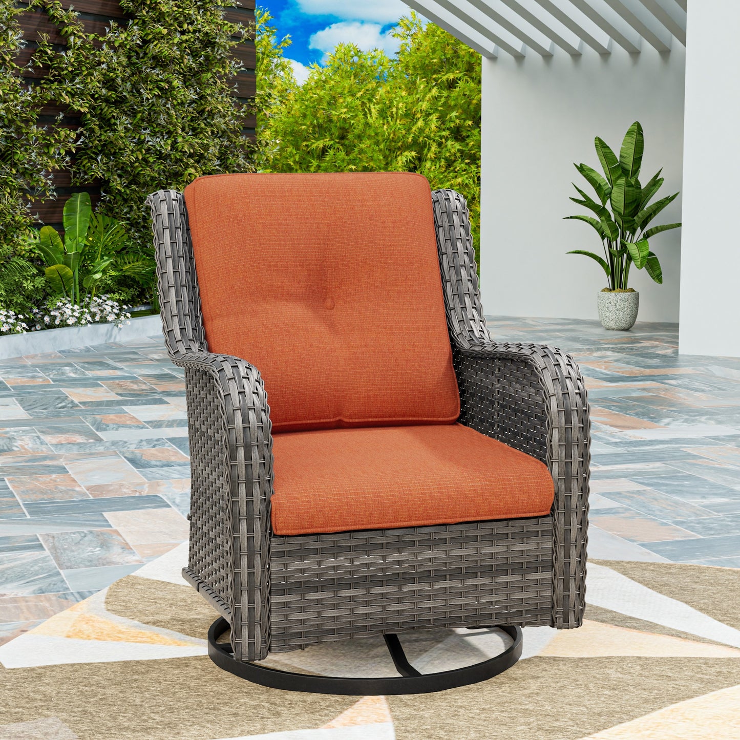 Gardenbee Wicker Brown Steel Frame Swivel rocker Conversation Chair with Orange Cushioned Seat