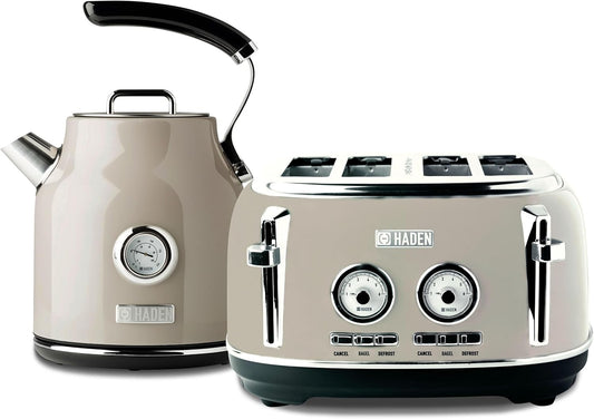 Haden Dorset 4 Slice Wide Slot Stainless Steel Toaster Bundled with 1.7 Liter Stainless Steel Electric Kettle with 360-Degree Base, Putty & Chrome