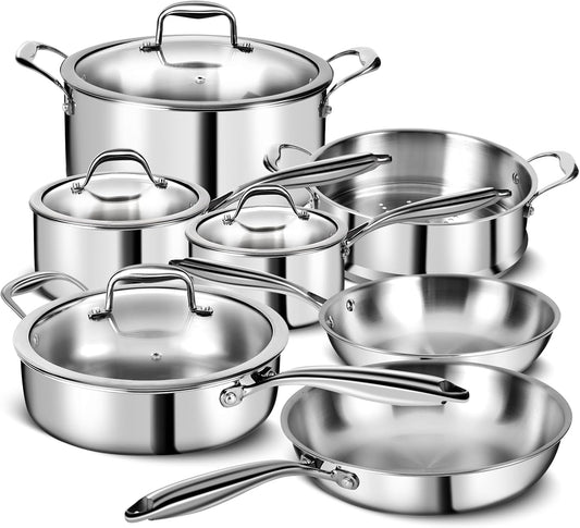 3 Ply Stainless Steel 11-Piece Cookware Set with Lids, Pots and Pans Kitchen Set, Non-Toxic, Induction, Oven, Dishwasher Safe, Professional Chef Quality
