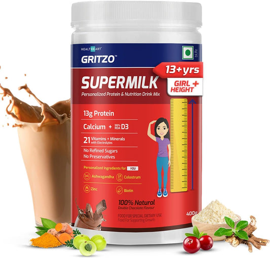 SuperMilk Height+ (13+y Girls),13g Protein with Zero Refined Sugar, Double Chocolate, 400 gm