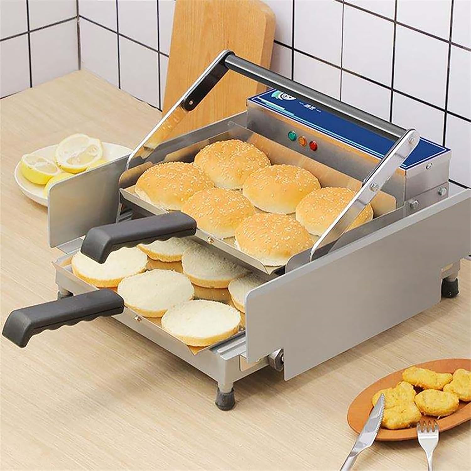 Commercial Double-Layer Bread Baking Machine, Fully Automatic Bread Heating Machine, Temperature Adjustment, Used for Heating and Defrosting Bread, Steak, Pizza, Large Burger Shop Equipment