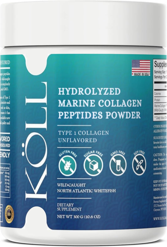 KÖLL Marine Collagen Peptides Powder (300g) Unflavored Sugar-Free Collagen for Women & Men, 10,000mg Hydrolyzed Supplement, Wild-Caught Sourced, Non-GMO, 0% Preservatives Type 1 for Bone & Skin Health