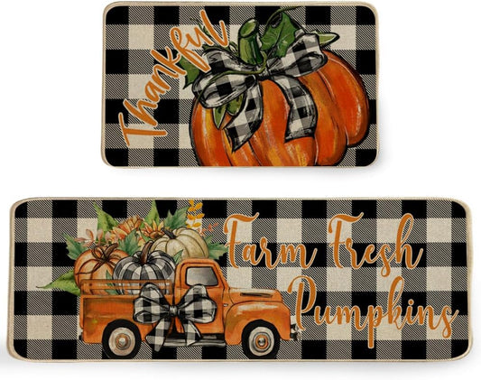 ARKENY Pumpkin Truck Fall Kitchen Rugs Set of 2, Black and White Plaid Seasonal Decorative Kitchen Mats for Floor,Autumn Thanksgiving Non-Slip Absorbent Rug and Door Mats-17x29 and 17x47 Inch-AKM079