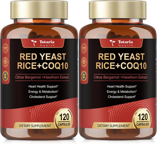 (2 Packs) Red Yeast Rice with CoQ10 Supplement - Citrinin Free Red Yeast Rice 2,000 mg Capsules with CoQ10 100mg Plus Citrus Bergamot - Niacin-Free, Cholesterol & Energy Supplement 3rd-Party Tested