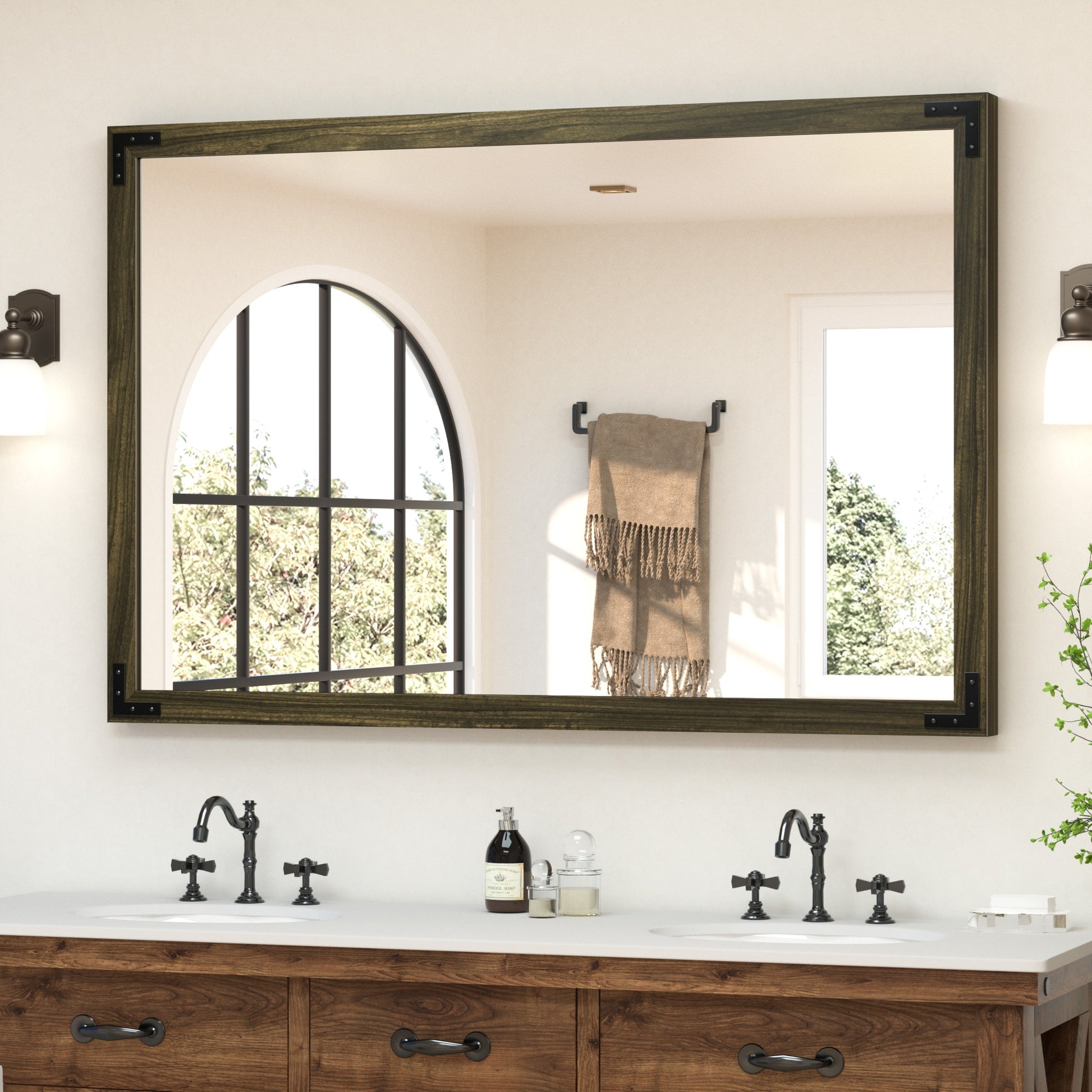 Keonjinn Bathroom Wood Mirrors 55-in W x 36-in H Rectangle Matte Black Framed Wall Mirror