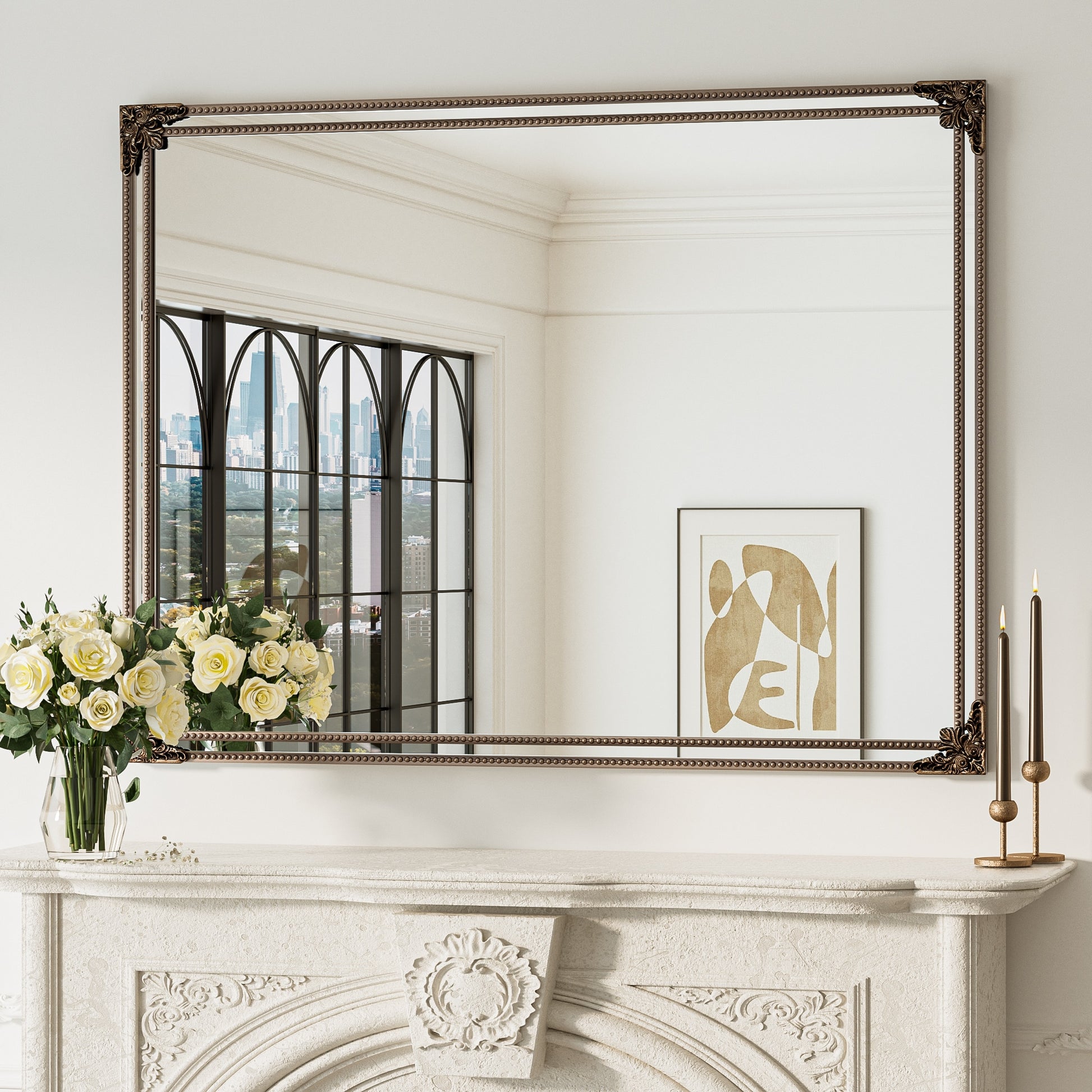 Keonjinn Decorative Mirror 48-in W x 36-in H Rectangle Distressed Gold Framed Wall Mirror