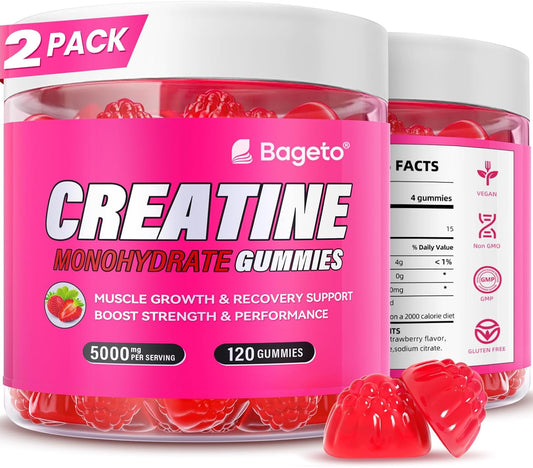 Bageto Creatine Monohydrate Gummies 5000mg for Men & Women, Gomitas de Creatina 5g Creatine Monohydrate,0g Sugar Chewables Creatine Pre-Workout for Muscle Strength, Vegan (Strawberry 2)