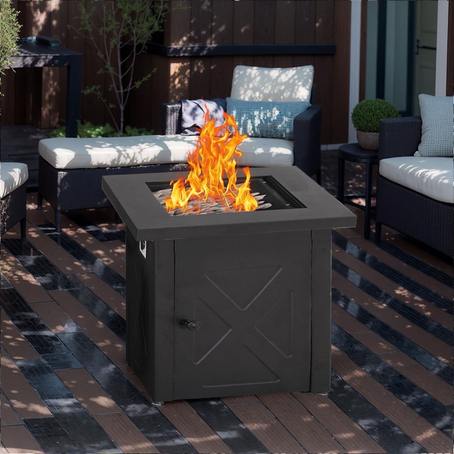 Propane Fire Pit Table 28 Inch, Square Outdoor Gas Fire Pits 50,000 BTU with Steel Tabletop, Removable Lid, Lava Rocks for Patio, Garden, Outside,Deck, Yard