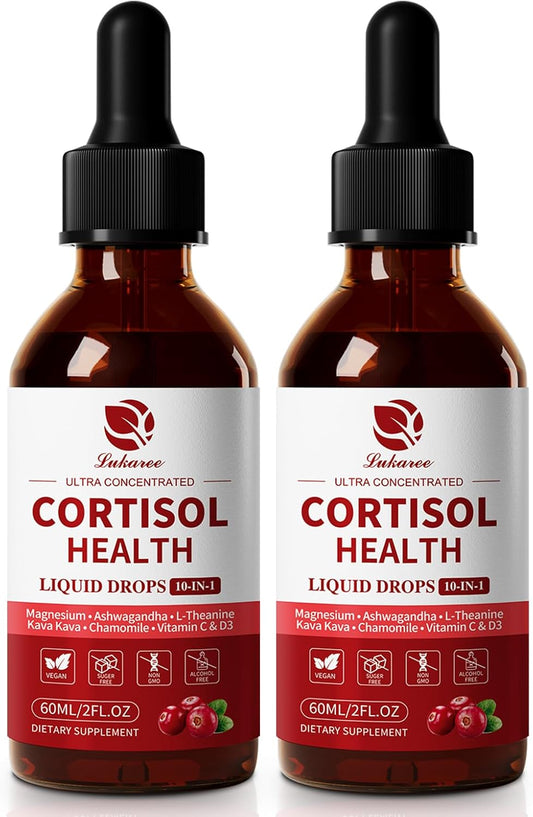 Cortisol Supplements for Women & Men, 10 in 1 Cortisol Detox Manager Reducer with Magnesium, Ashwagandha, L-theanine, Hormone Balance Liquid Drops - Mood, Focus, Sleep-2 FL.OZ, Cranberry Flavor, 2Pack