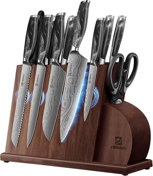 Knife Set for Kitchen 14 Pieces with Magnetic Block, German Razor Sharp High Carbon Stainless Steel Damascus Pattern, Full Tang Ergonomic Handle, Black Flowing Cloud Design