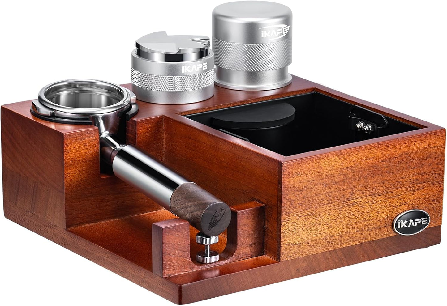 IKAPE 58MM Espresso Tamper Kit 4 IN 1 Silver, 58mm Bottomless Naked Portafilter, Coffee Tamper, Espresso Distributor, Wooden Coffee Tamper Station