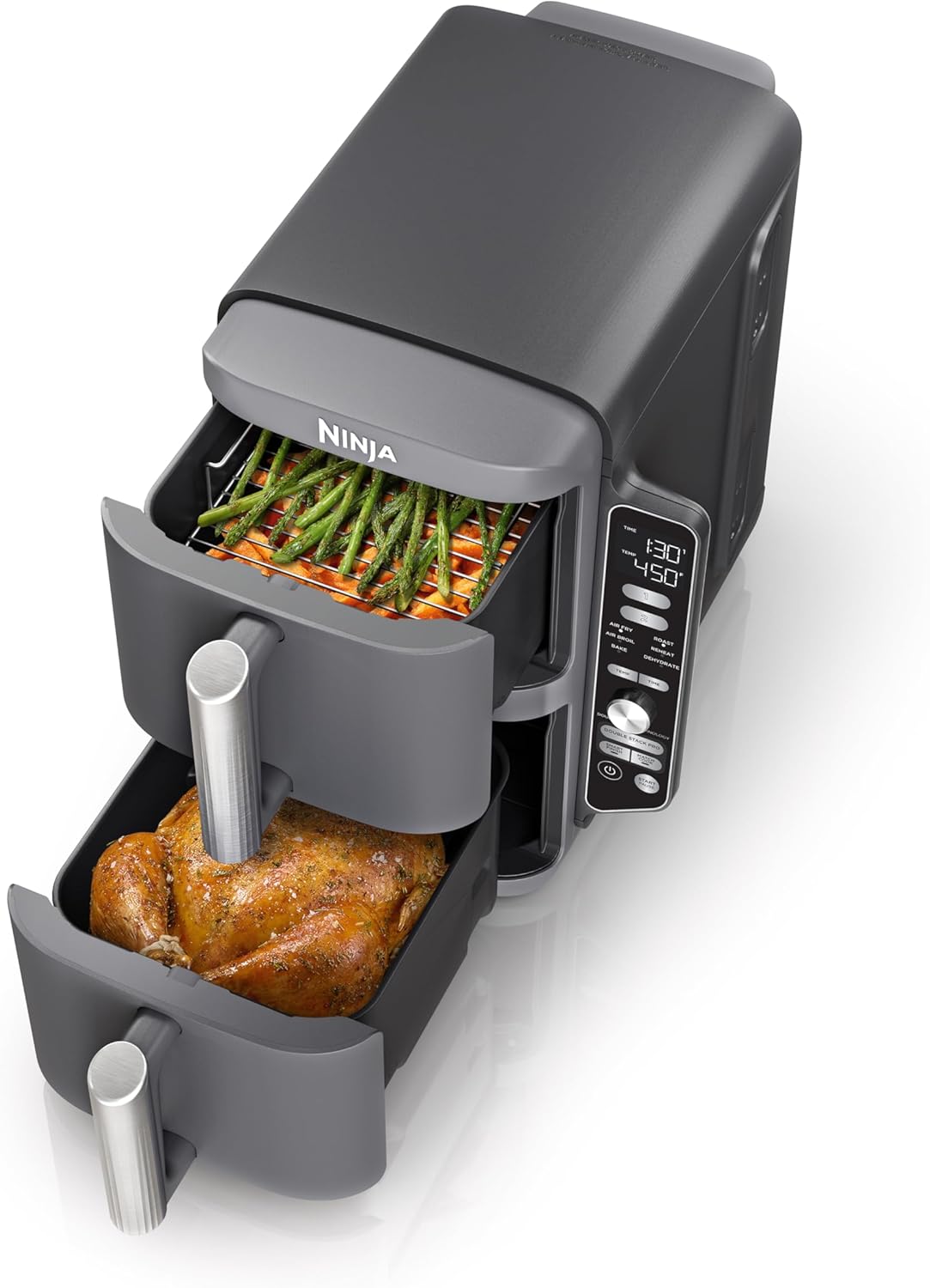 Ninja Air Fryer, 10QT DoubleStack XL 2-Basket, Compact Design, Cooks 5lb Whole Chicken, Feeds Up to 8 People, 6-in-1 Air Fryer, Roast, Bake & More, Easy to Clean, Dishwasher Safe Parts, Grey, SL401