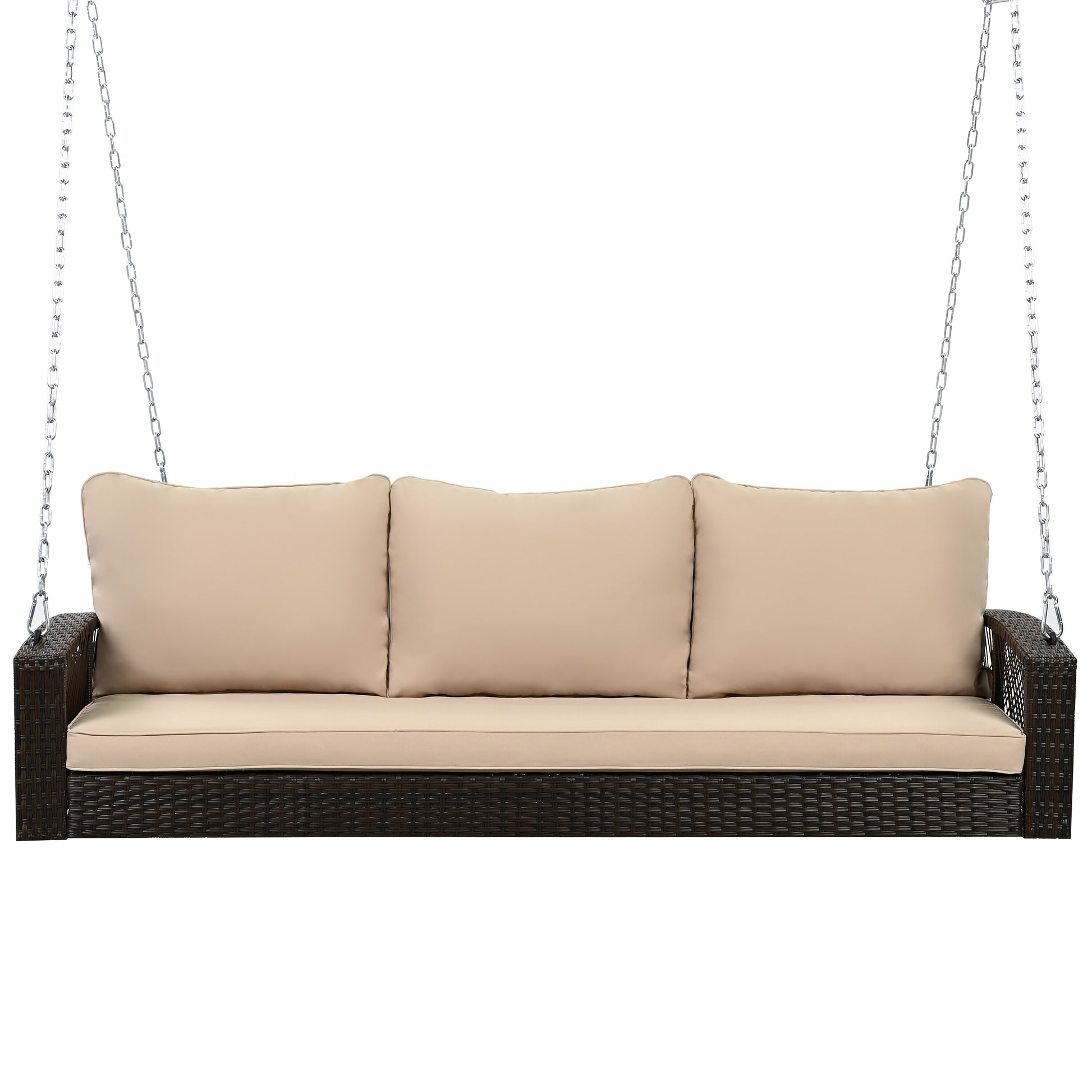 AAZJ PE Wicker 3-Person Porch Swing with Chains Rattan Teak Wood Frame Stationary Conversation Chair with Beige Cushioned Seat