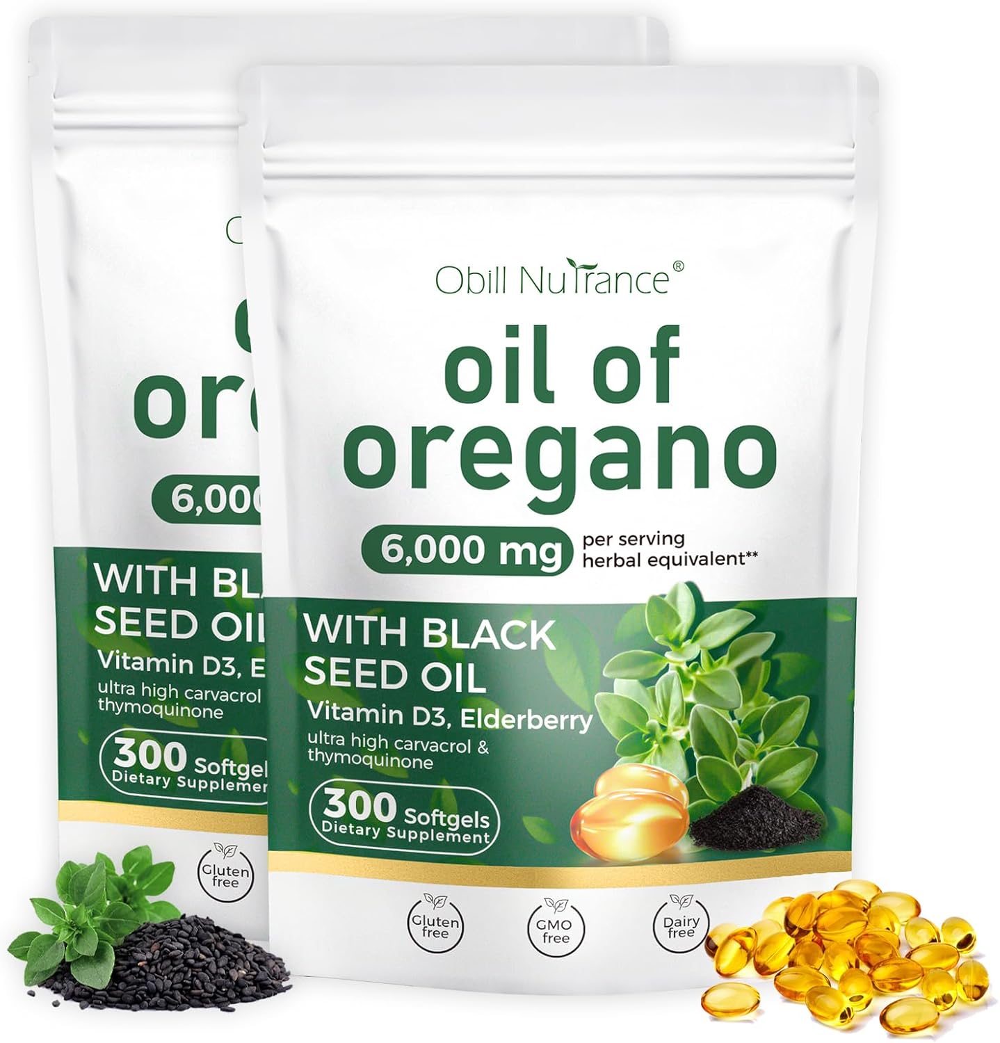 Oil of Oregano with Black Seed Oil, 4 in 1 Oregano Oil with Black Seed Oil, Vitamin D3 & Elderberry, Oregano Oil Capsules Organic, 4X Strength Carvacrol & Thymoquinone, Non-GMO & Immune Support