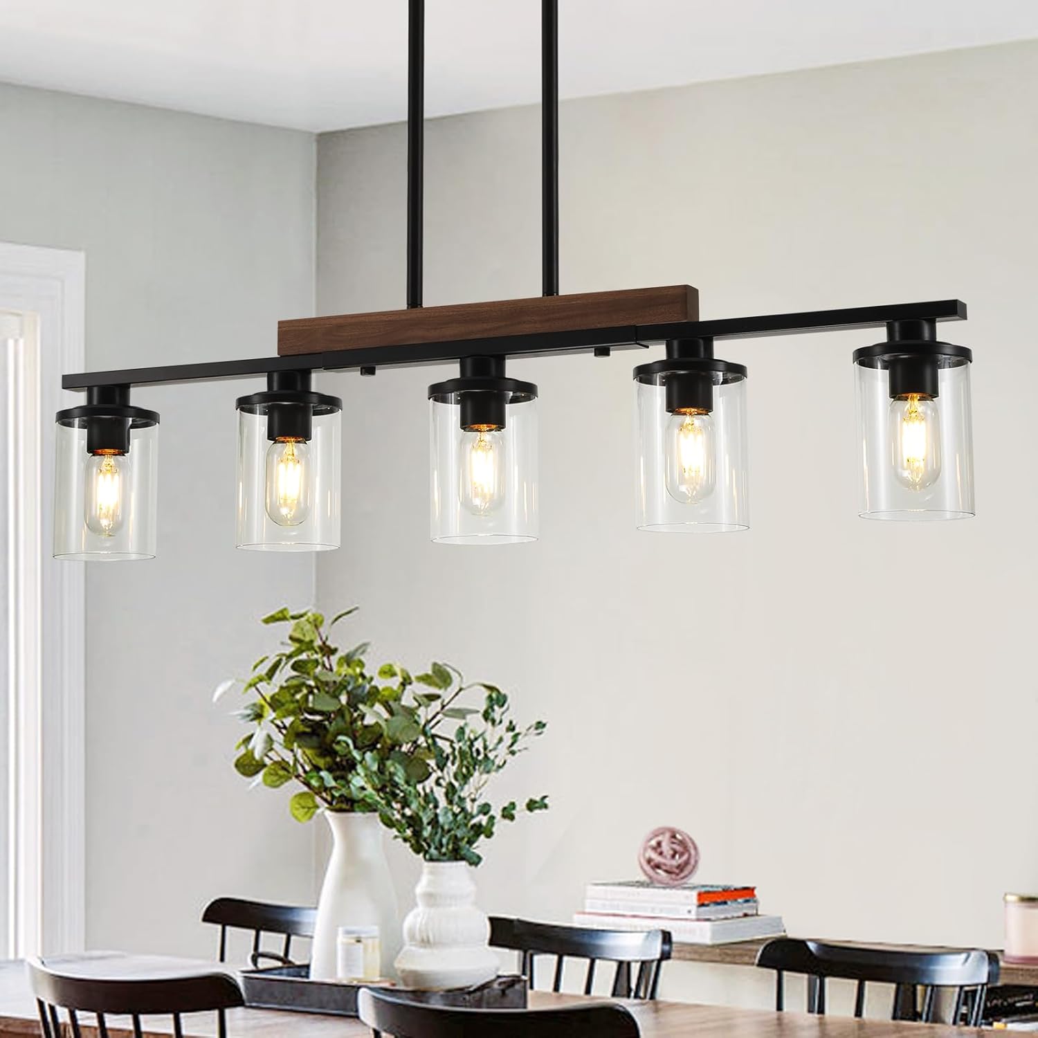 36.2\u2018\u2019 Kitchen Lighting, 5-Light Dining Room Light Fixture Chandelier Over Table, Black Modern Rustic Wood Ceiling Pendant Light Fixtures, with Clear Glass Shade, Farmhouse Chandelier