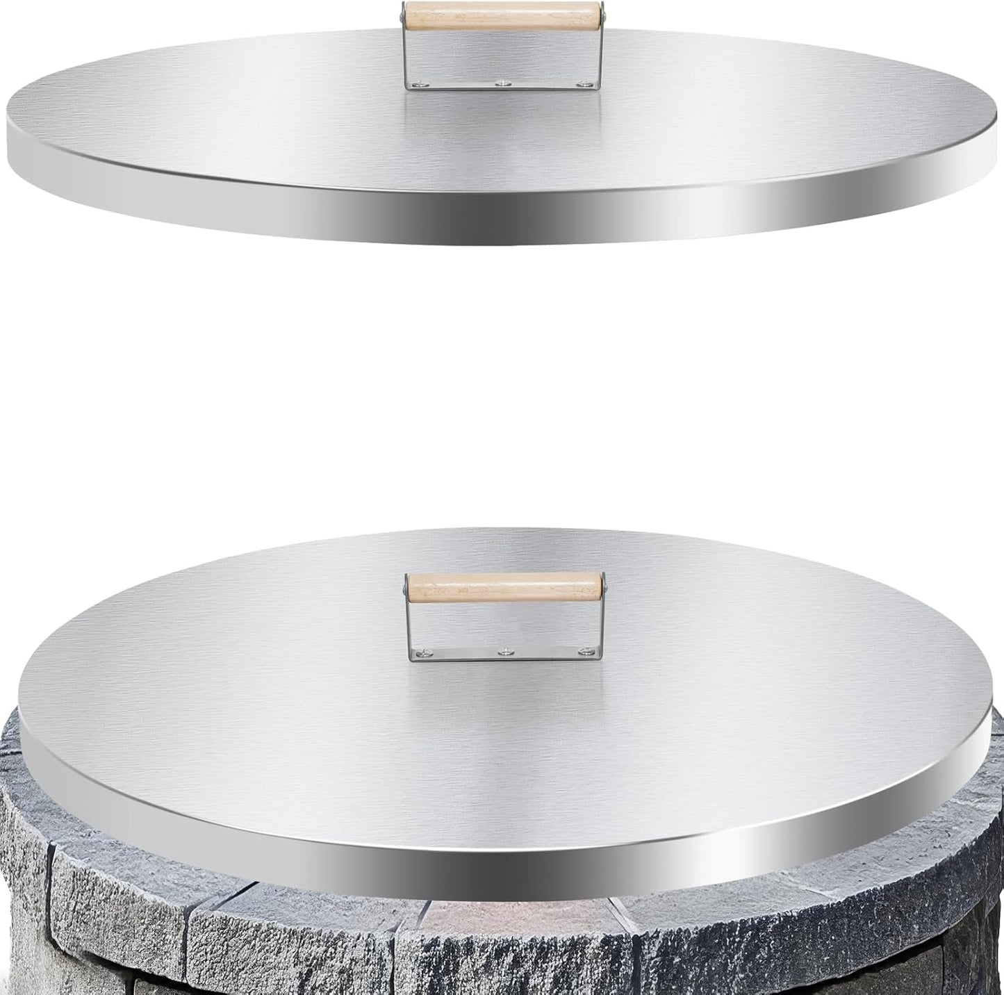 Permade Fire Pit Lid Cover Round - 28" Stainless Steel Rust Resistant Firepit Cover or Table with A Wooden Handle for Patio Fire Pit, Weatherproof for All Seasons, Fits Fire Pits Up to 26"