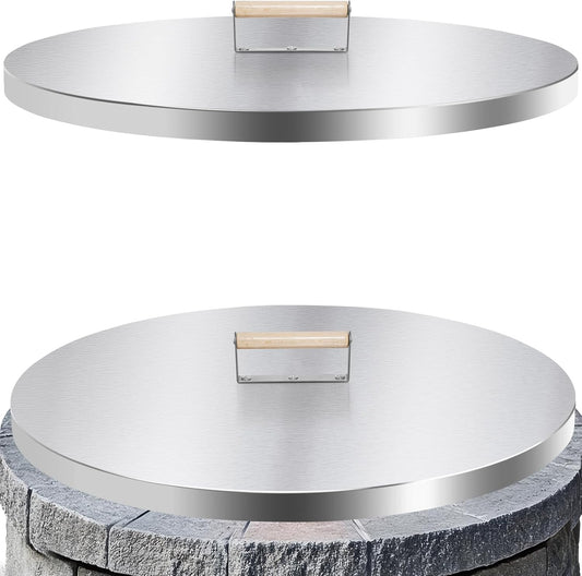 Permade Fire Pit Lid Cover Round - 28" Stainless Steel Rust Resistant Firepit Cover or Table with A Wooden Handle for Patio Fire Pit, Weatherproof for All Seasons, Fits Fire Pits Up to 26"