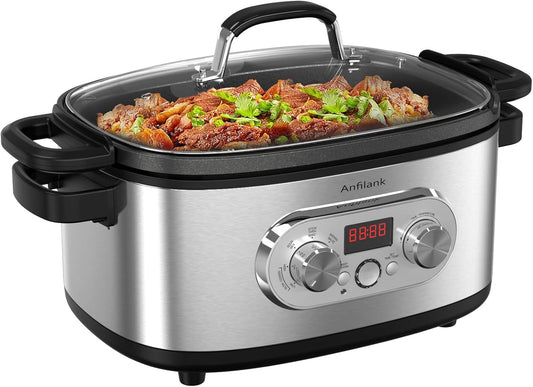 10-in-1 Programmable Slow Cooker with Timer, 6.8 Quart Crock Pot, Presets to Sous Vide, Bake, Sauté, Cook Rice& More, Nonstick Dishwasher-Safe Pot, Adjustable Temp&Time, Stainless Steel